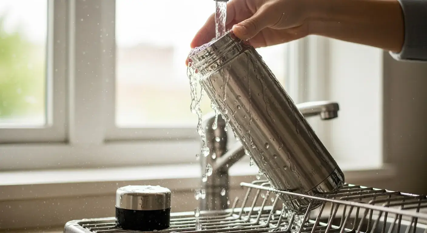 Routine to prevent stains Reusable bottle being rinsed and dried upside down near window