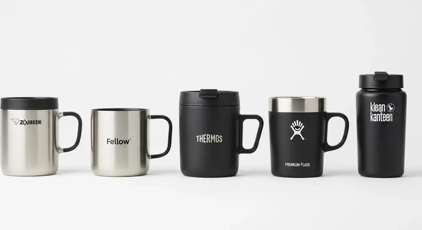 Best mug brands Row of premium coffee mugs from Zojirushi, Fellow, Thermos