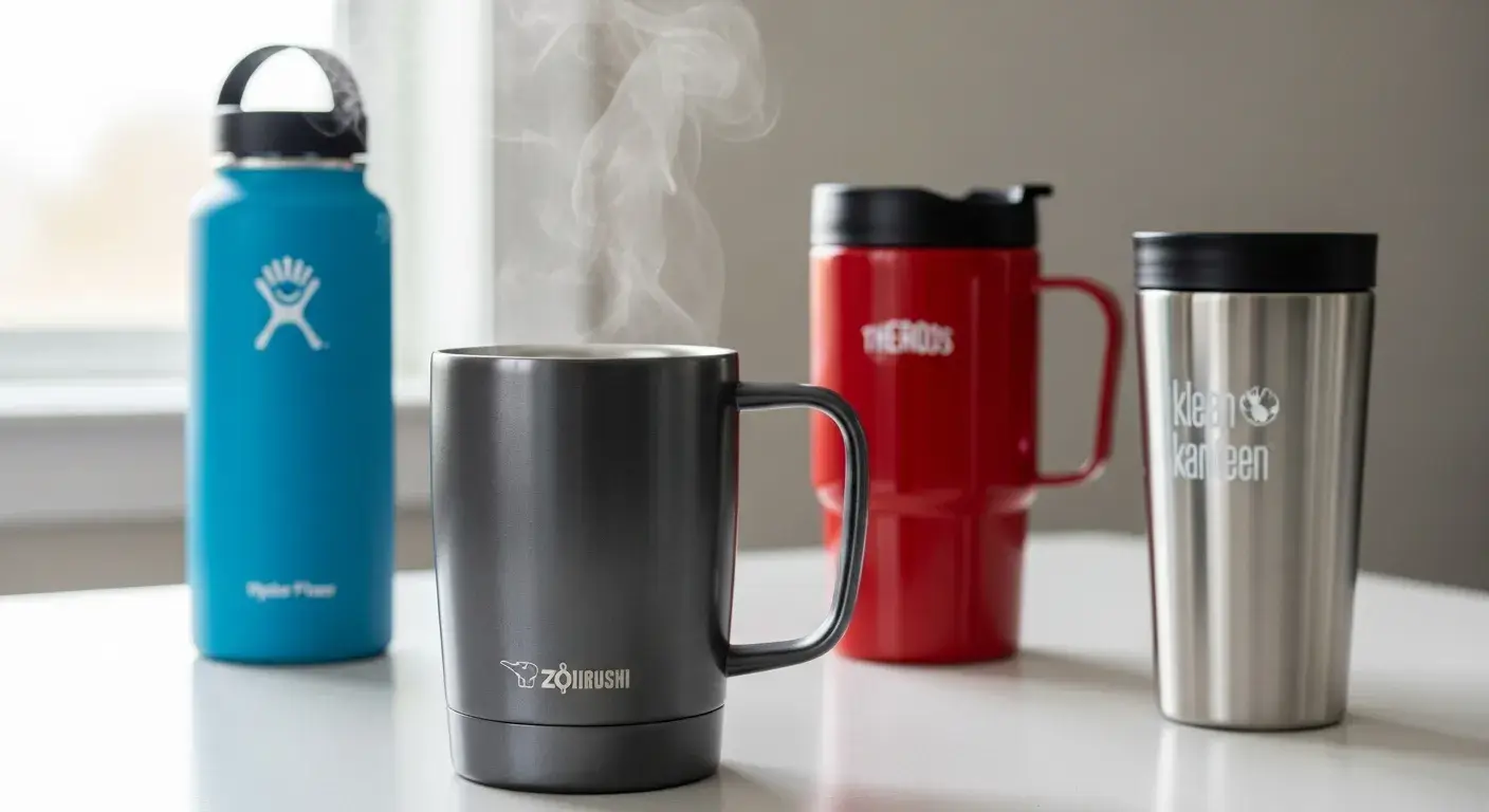 Zojirushi outperforms others Zojirushi travel mug with visible steam beside other mugs