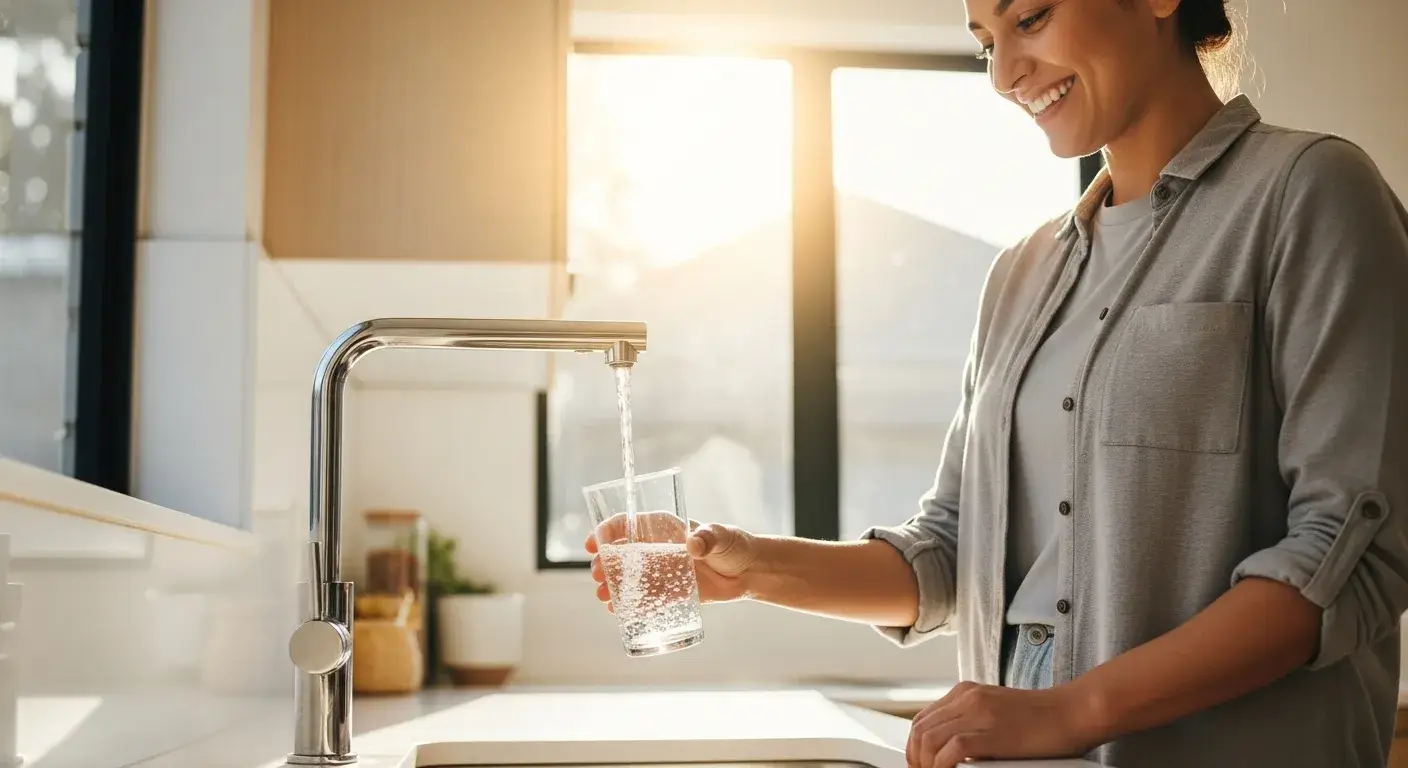 Person happily drinking from glass filled at kitchen tap