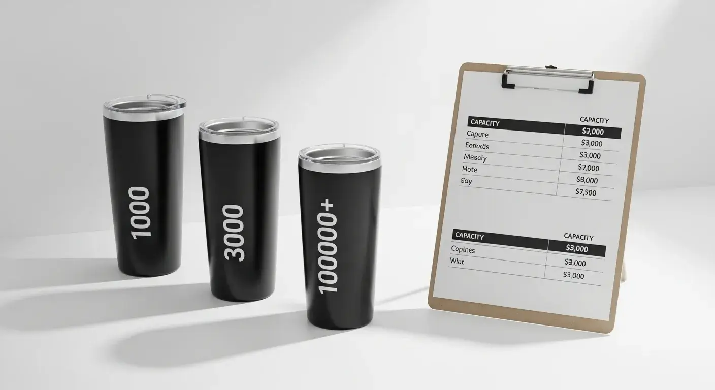 Bulk pricing tiers Tiered pricing chart beside stacked tumbler sets