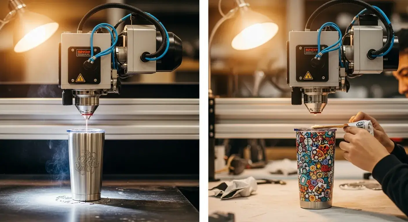 Customization affects timing Laser engraving and full-wrap printing in progress on tumblers