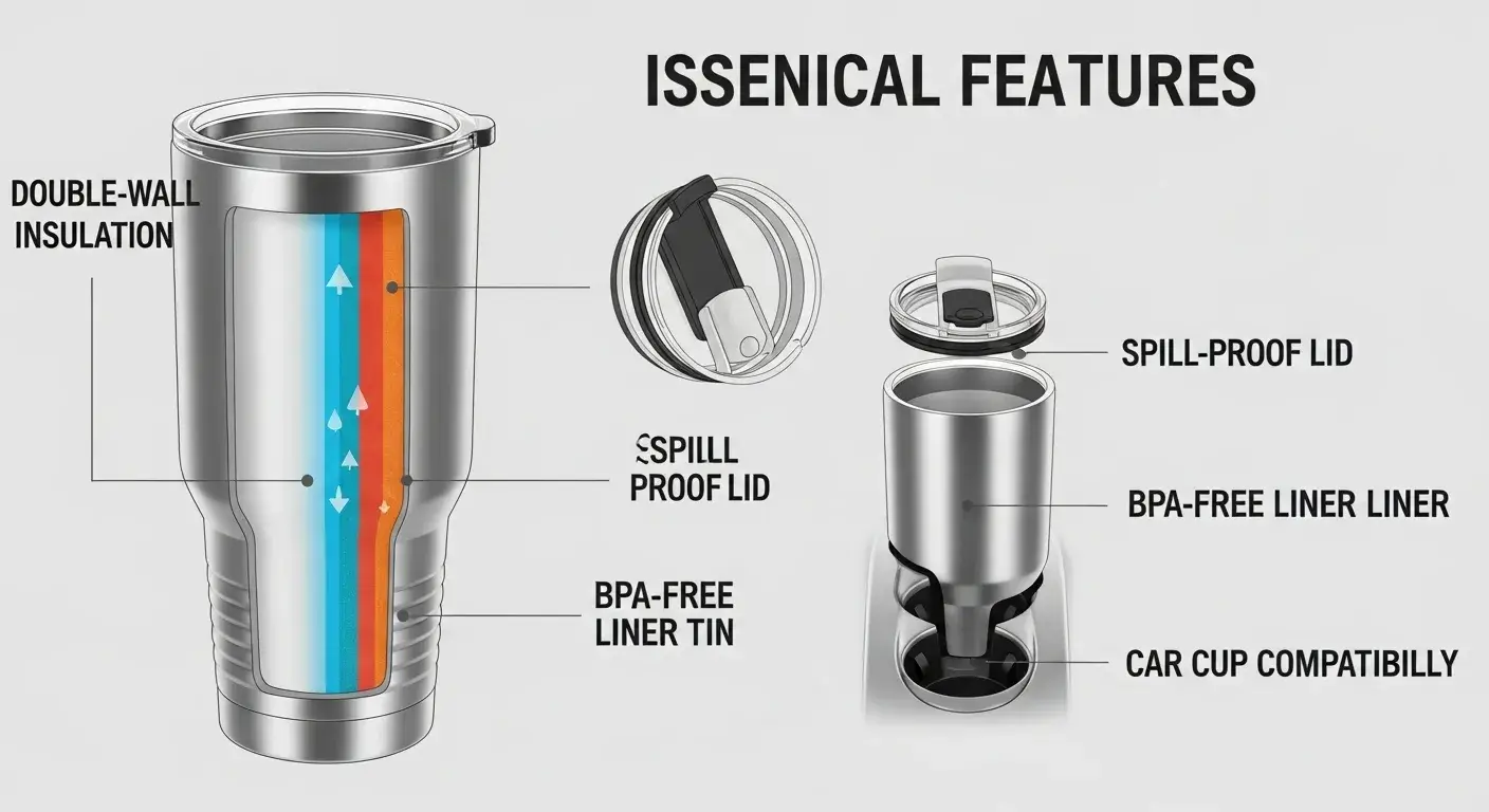 Tumbler features that matter Infographic of tumbler features like spill-proof lid, insulation, and cup holder fit