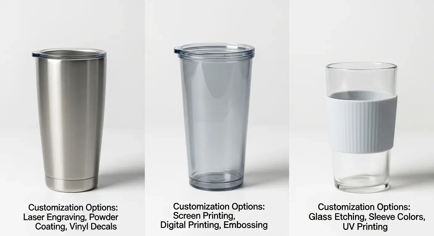 Tumbler materials comparison Three tumblers side by side: stainless, plastic, glass
