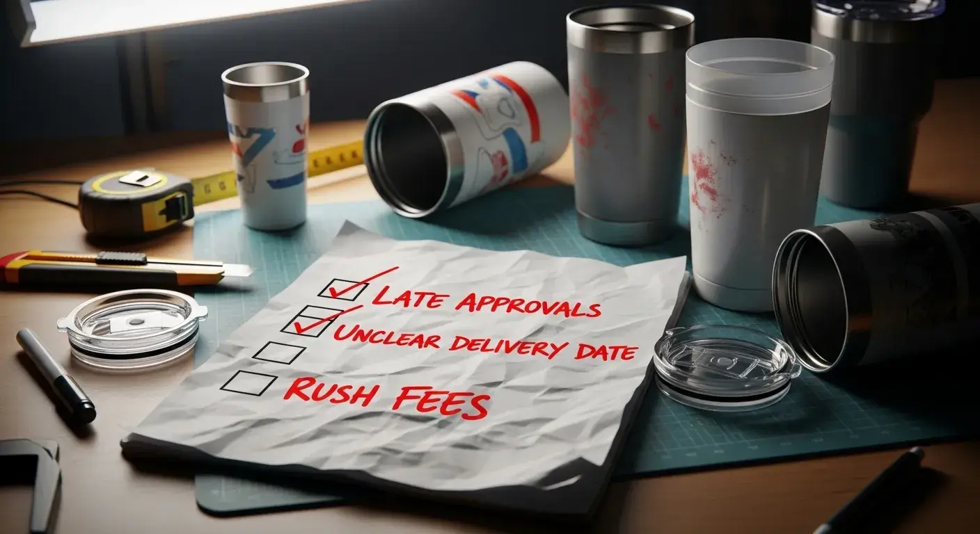 Avoid bulk order delays Checklist and red warning signs next to unfinished tumbler samples