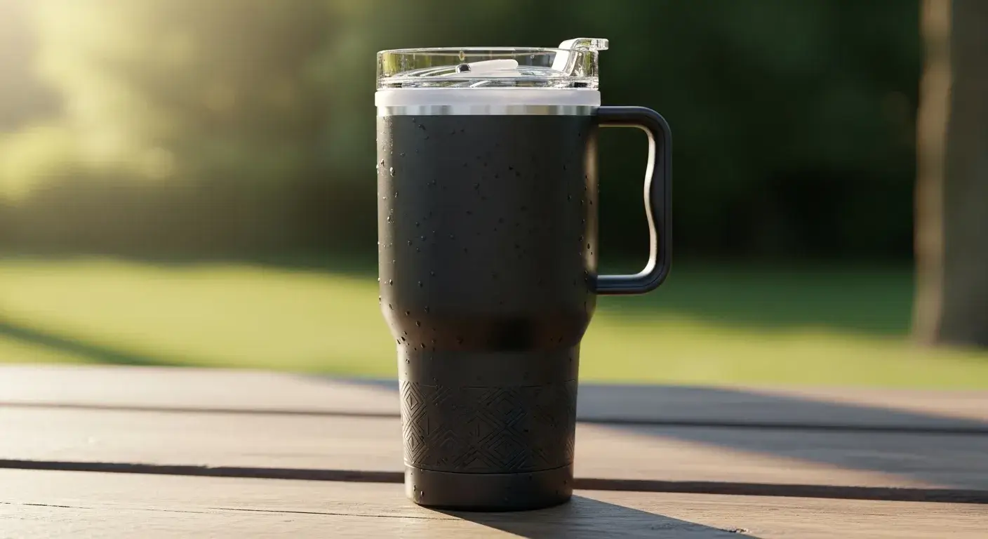 Quality features in tumblers Close-up of tumbler insulation layers and leak-proof lid test