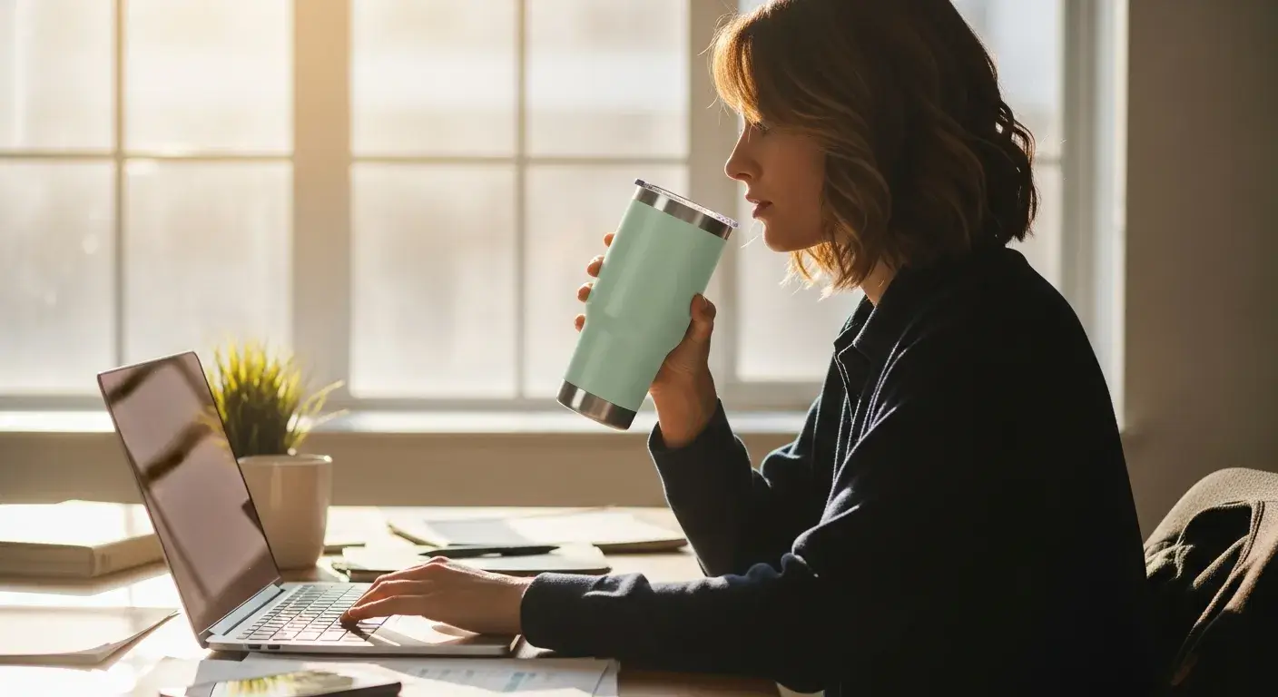 Hydration with 30 oz tumbler Person using 30 oz tumbler at desk