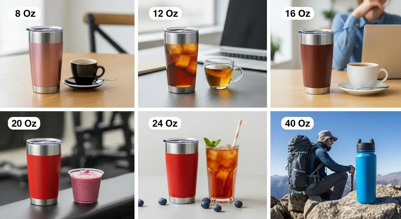 Tumbler bottles next to drinks like coffee, juice, and smoothies