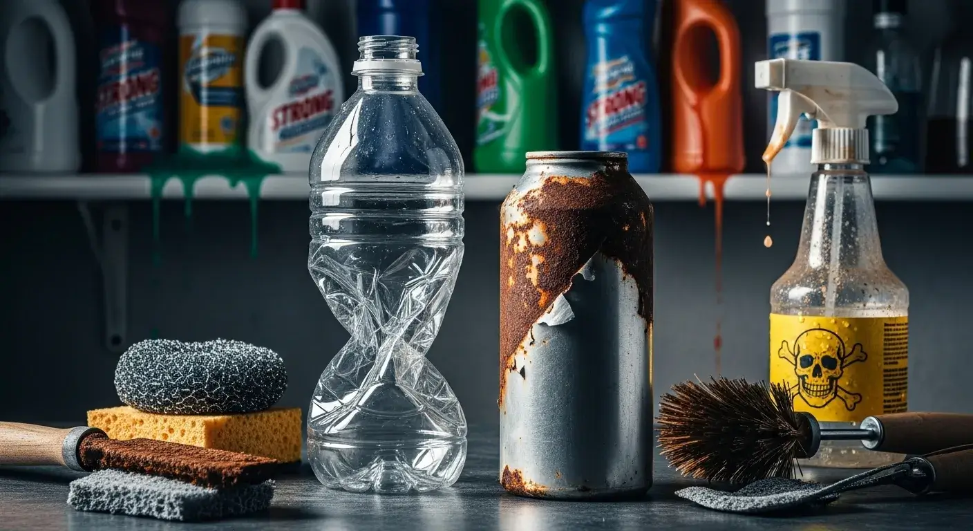 Unsafe bottle cleaning Scratched plastic bottle and corroded aluminum bottle