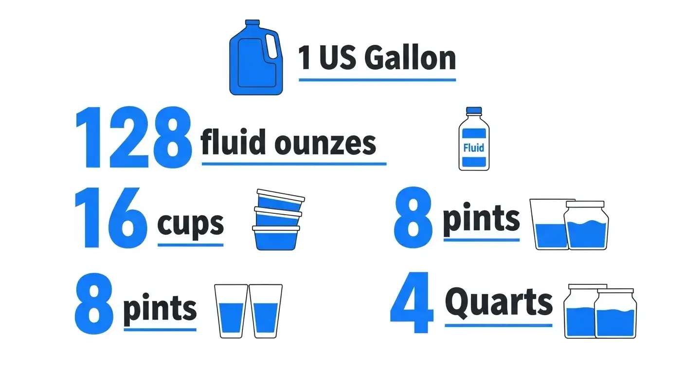 Conversion chart showing 128 ounces in a US gallon