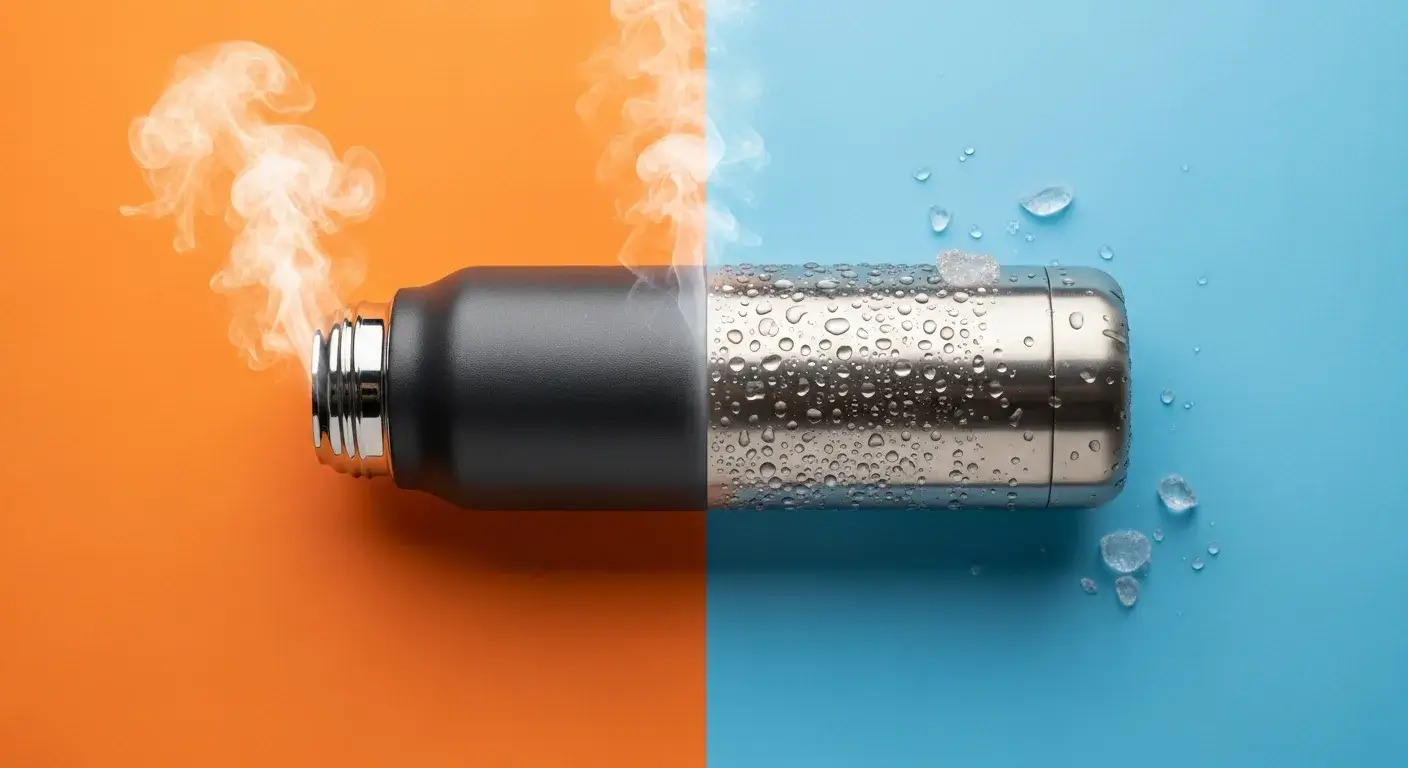 Stainless bottle with steam and ice showing hot and cold insulation