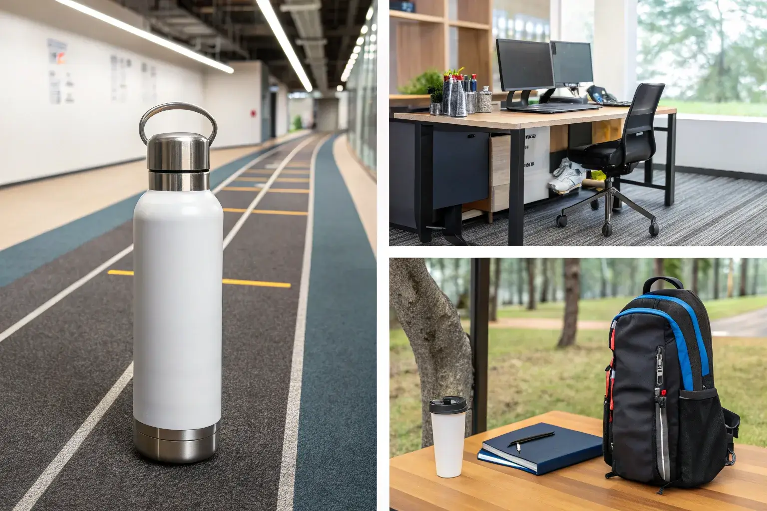 Collage of bottle in office, gym, outdoors