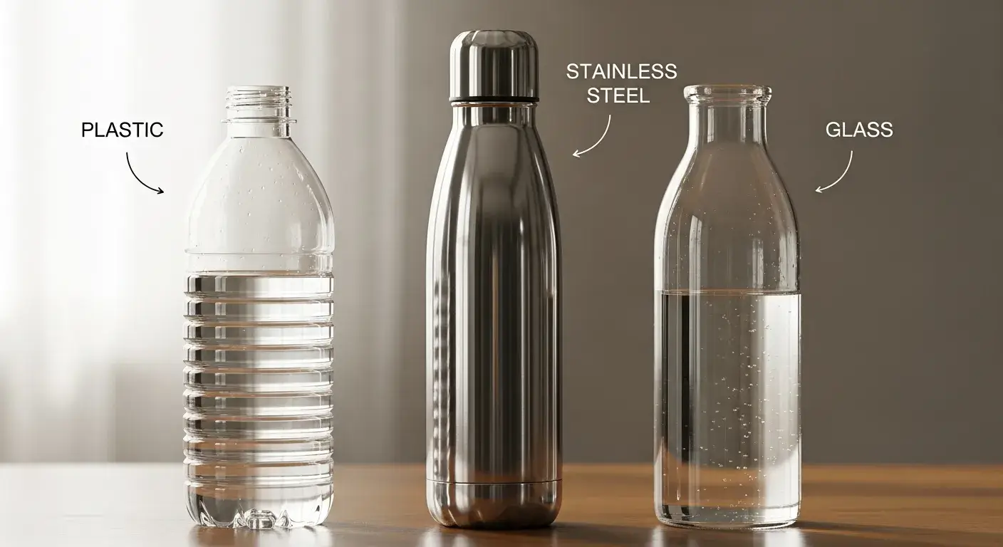 Bottle materials and odors Plastic, stainless steel, and glass bottles side by side
