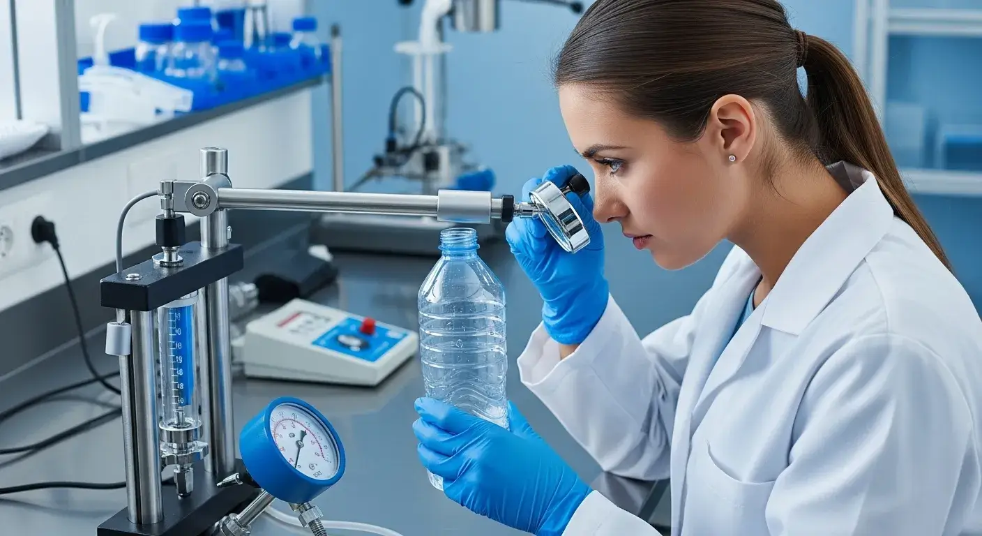 Technician checking bottle for leaks and defects
