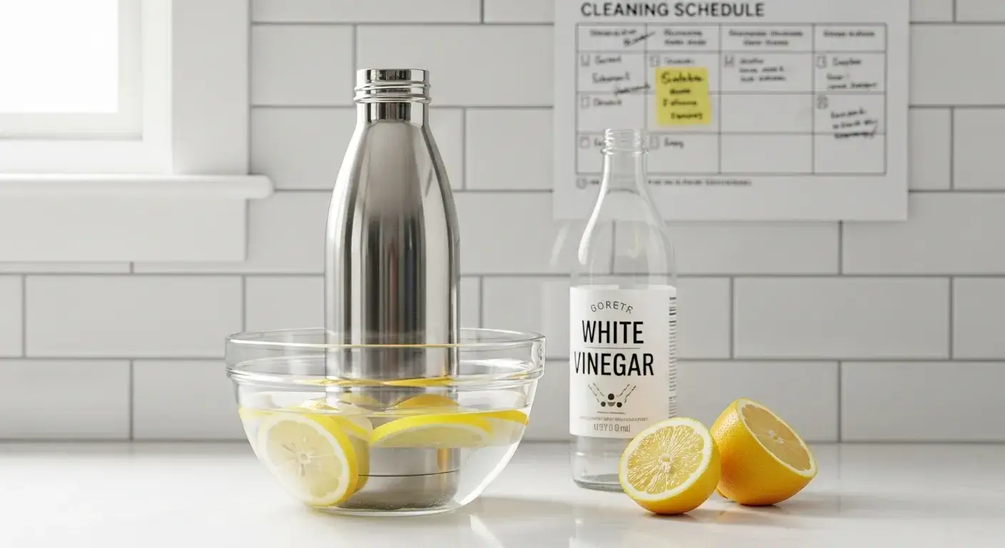 Weekly deep clean tips Bottle soaking in vinegar solution beside cleaning chart