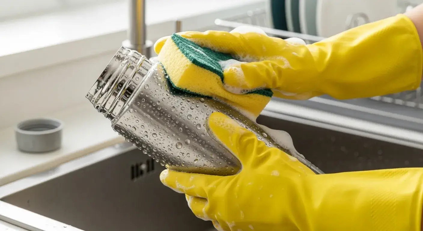 Weekly cleaning tips Person cleaning bottle with warm soapy water at sink