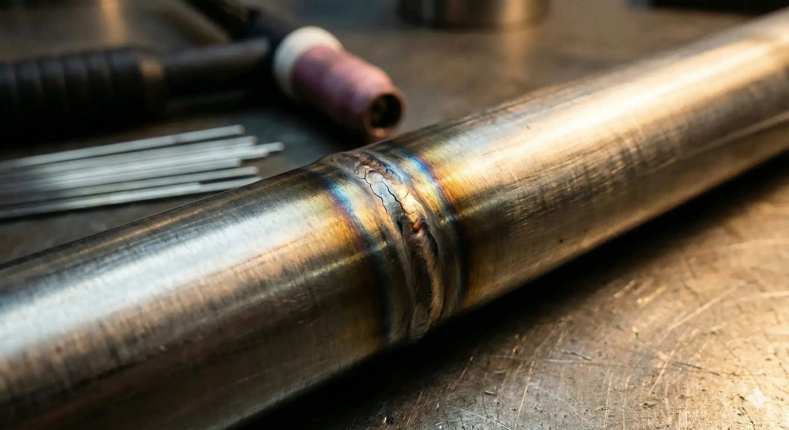 Cracks from poor welding Welding-induced cracks in 304 stainless steel tube under inspection