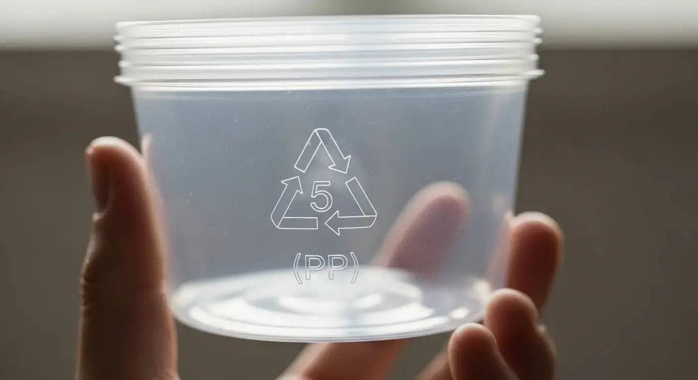 Hand holding plastic with recycling code