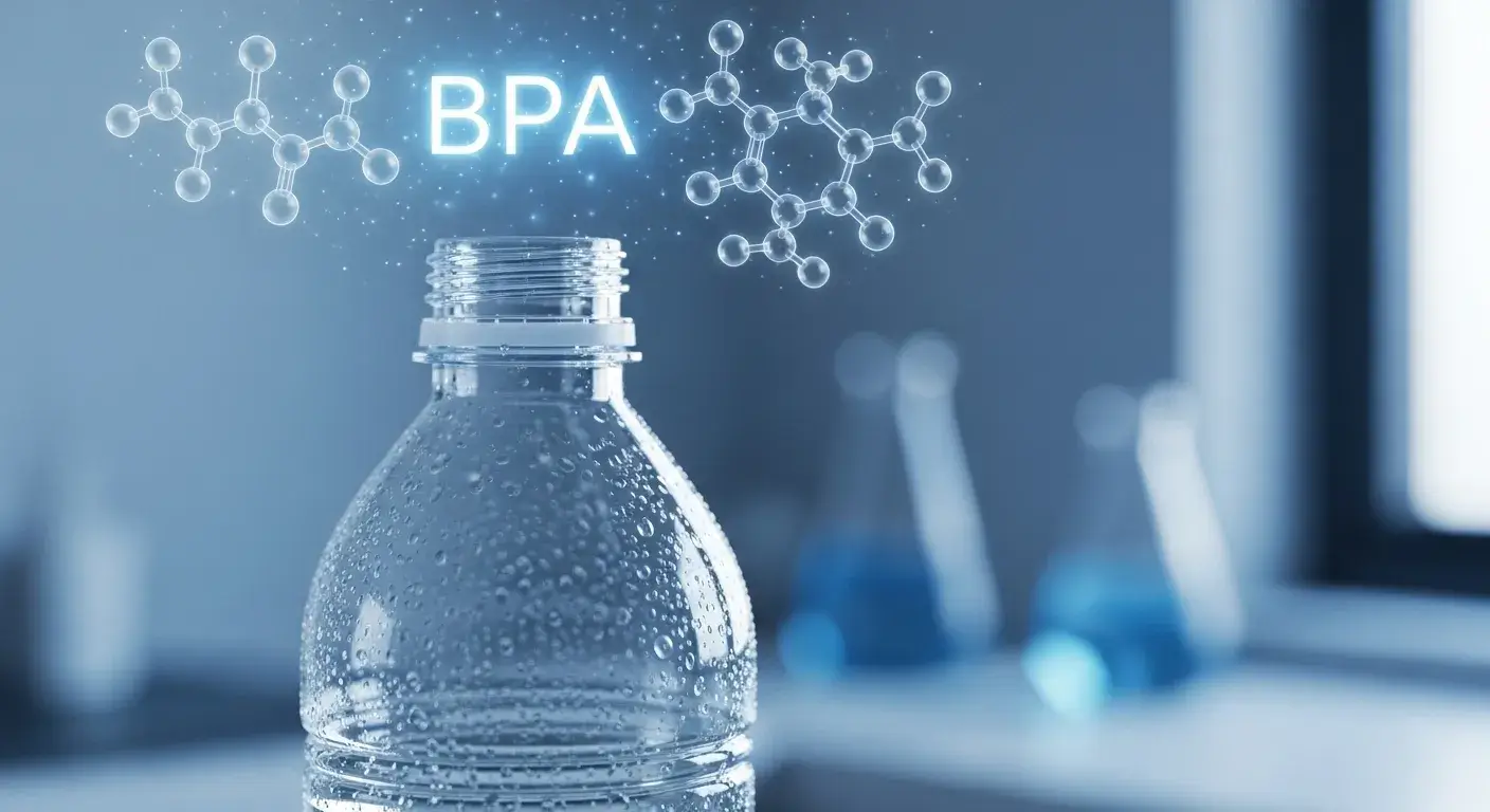 Plastic bottle with chemical structure of BPA overlayed