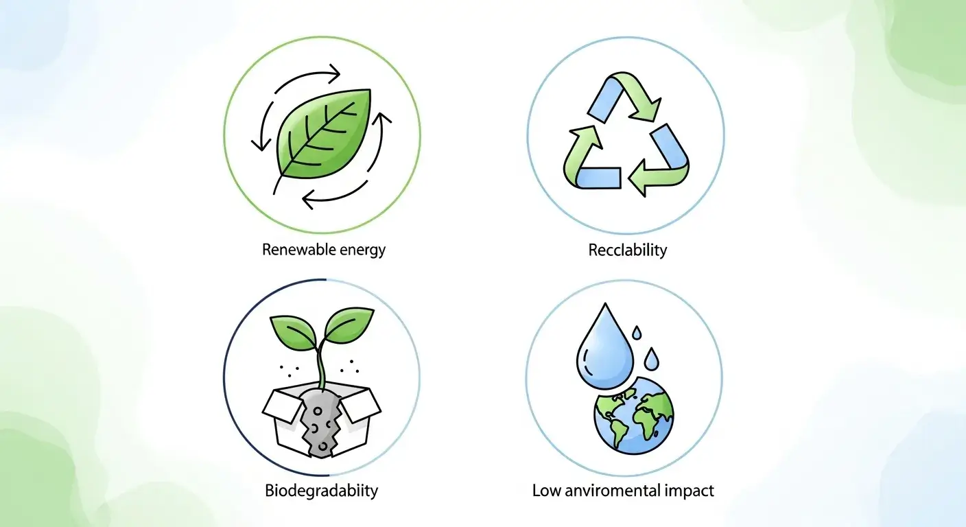 Sustainability criteria overview Icons of renewable, recyclable, biodegradable, and low-impact materials