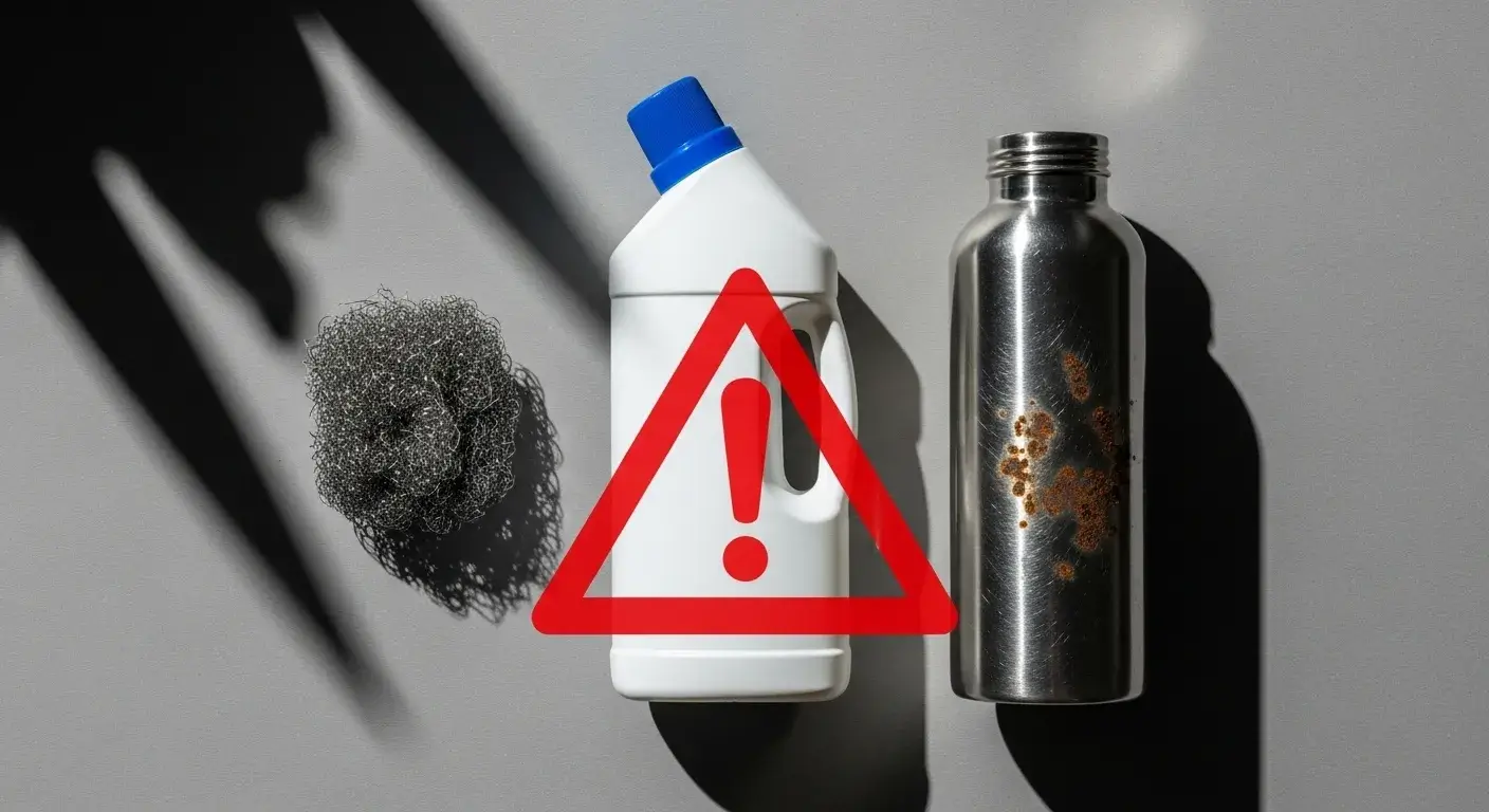 Unsafe cleaning methods Bleach bottle, steel wool, and damaged metal bottle with warning icon
