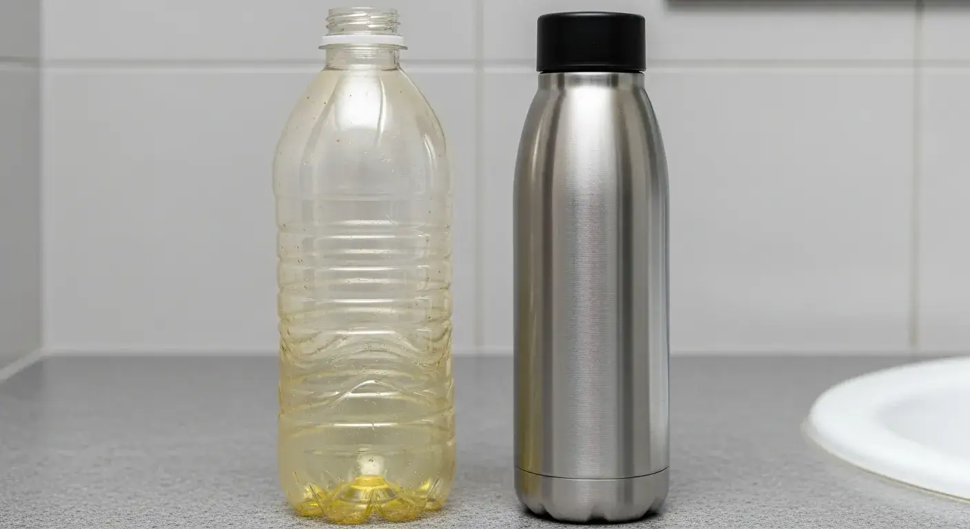 Signs it's time to replace Worn water bottle with discoloration and scratches