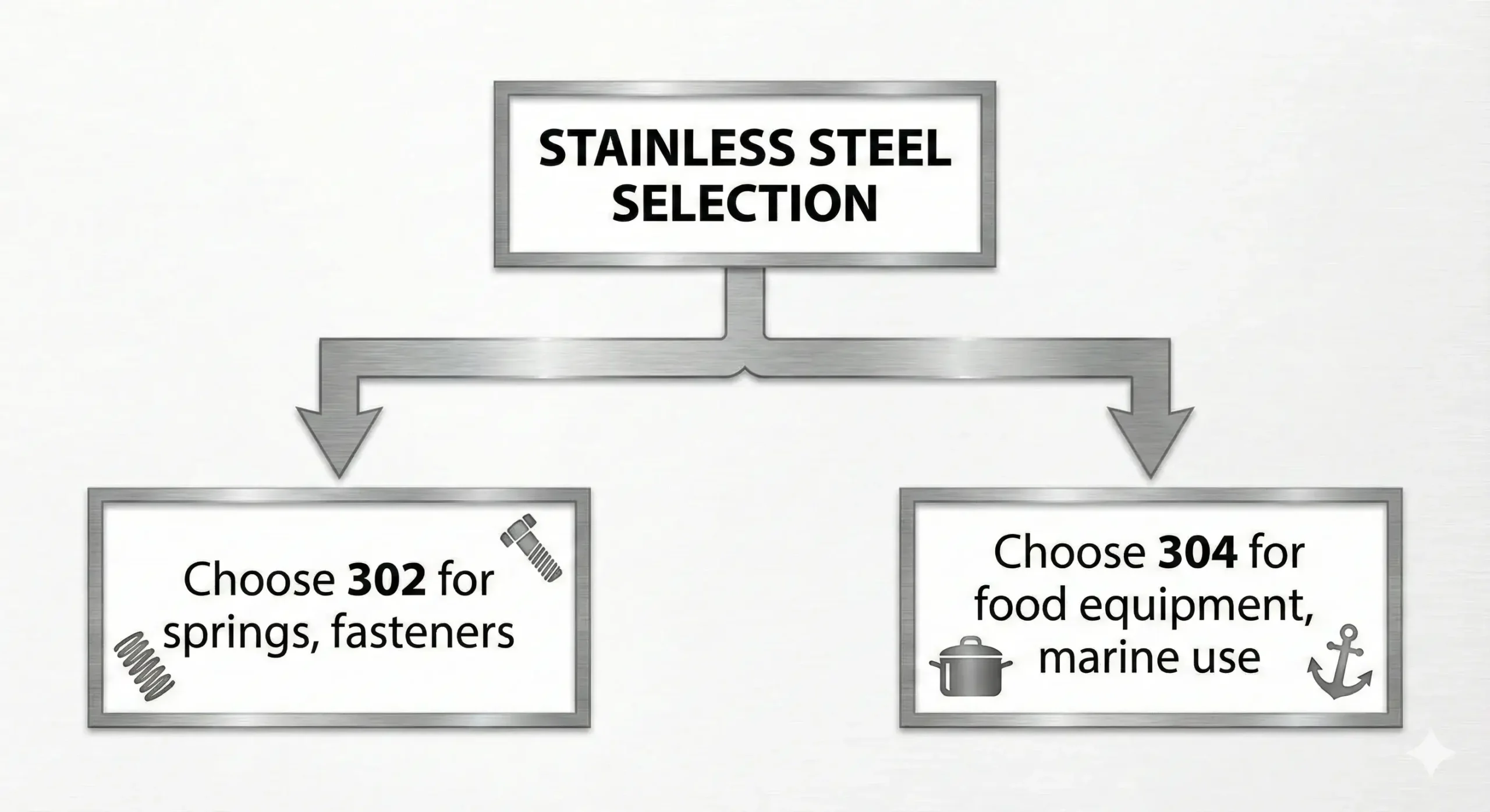 302 vs 304 decision guide Decision flow: use 302 for strength, 304 for corrosion resistance