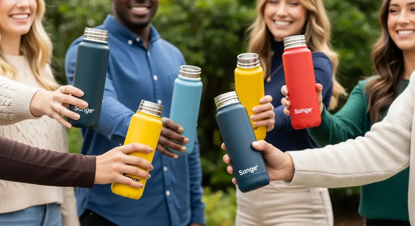 Team holding branded bottles at event