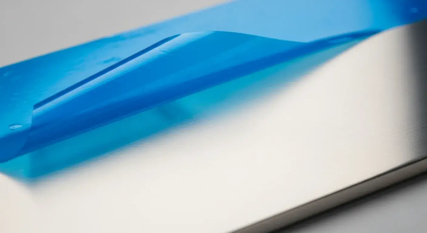 Stainless steel panel with blue plastic film partially peeled