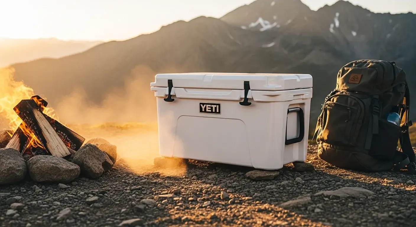 Premium Yeti cooler in rugged outdoor setting