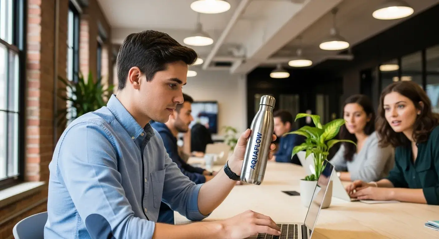 Businessperson holding branded bottle at coworking space