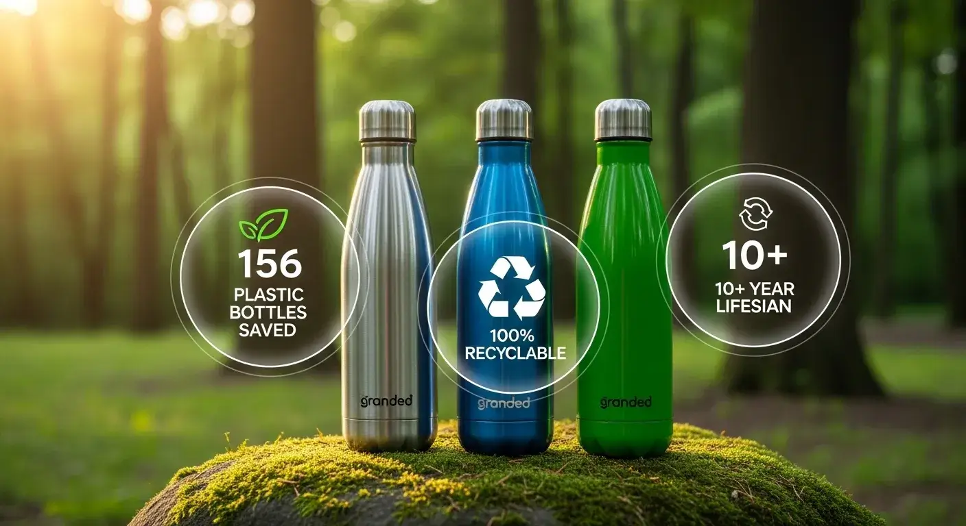 Reusable bottles with sustainability stats in nature