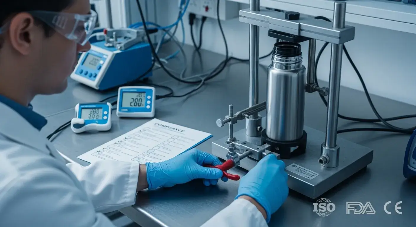 Lab technician testing insulated bottle for vacuum and thermal standards