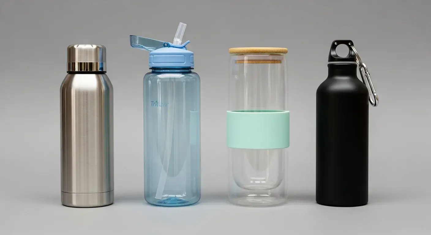 Material chart comparing stainless steel, plastic, glass, and aluminum insulation