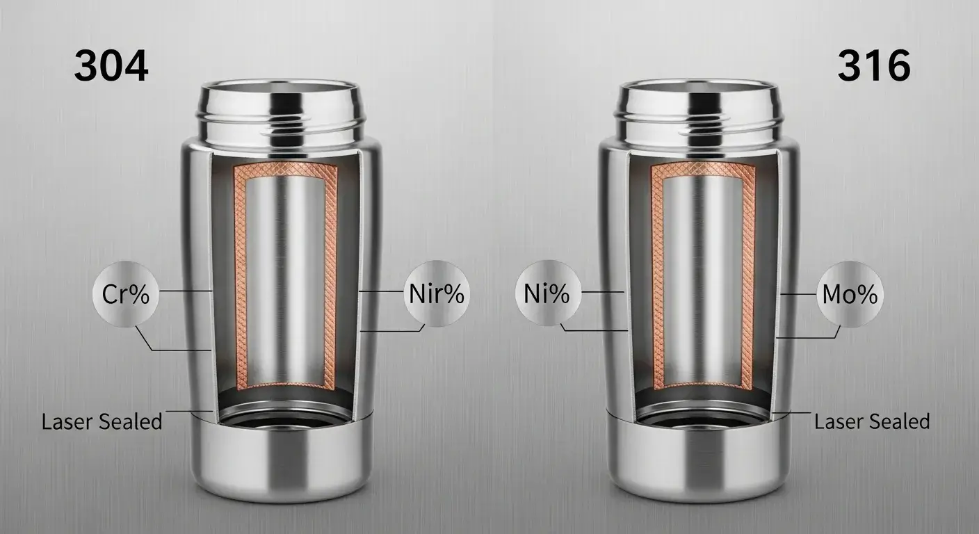 Cutaway of 304 and 316 stainless steel insulated bottles showing double-wall vacuum structure