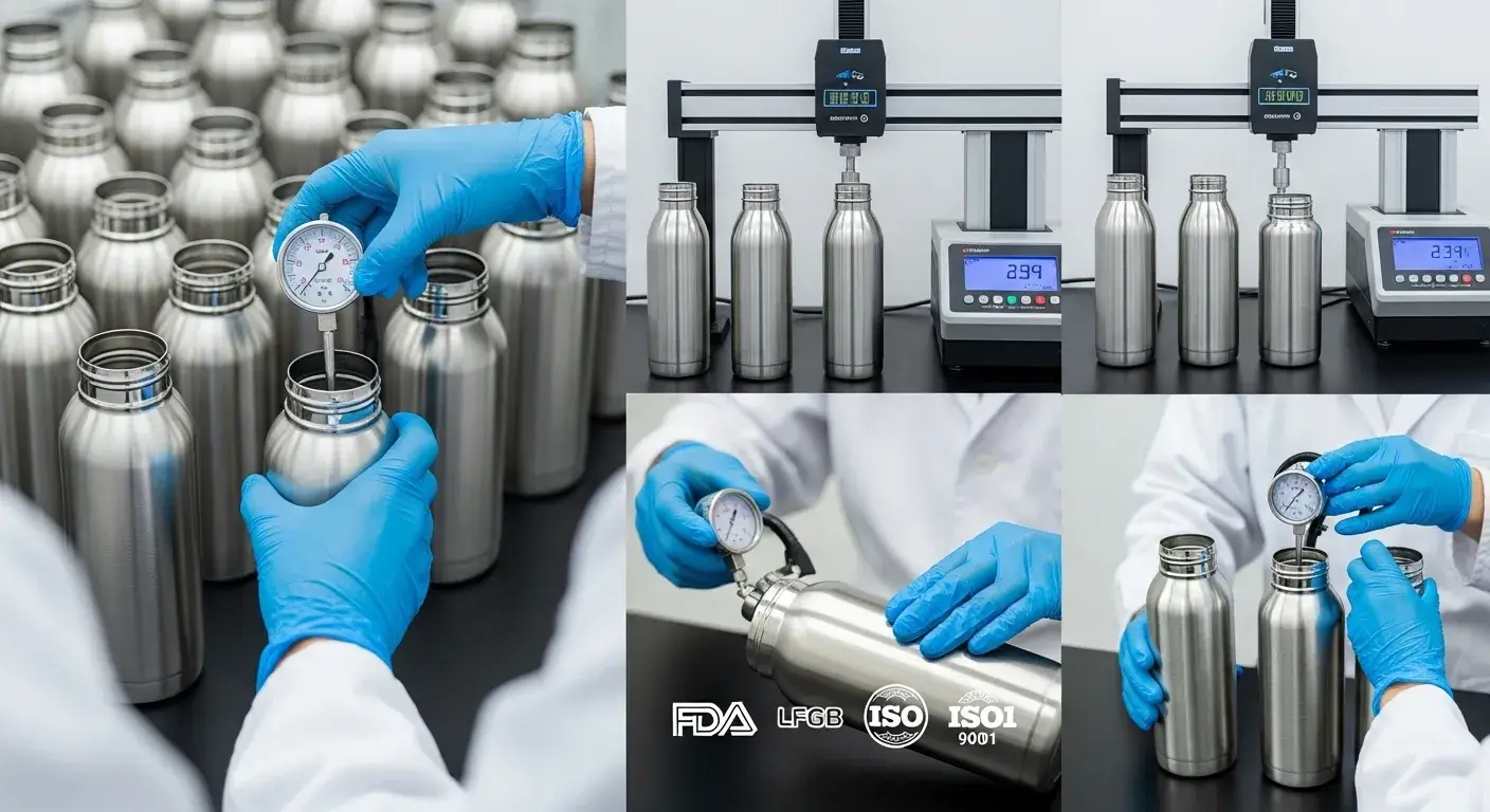 Lab testing stainless steel bottles with certifications shown