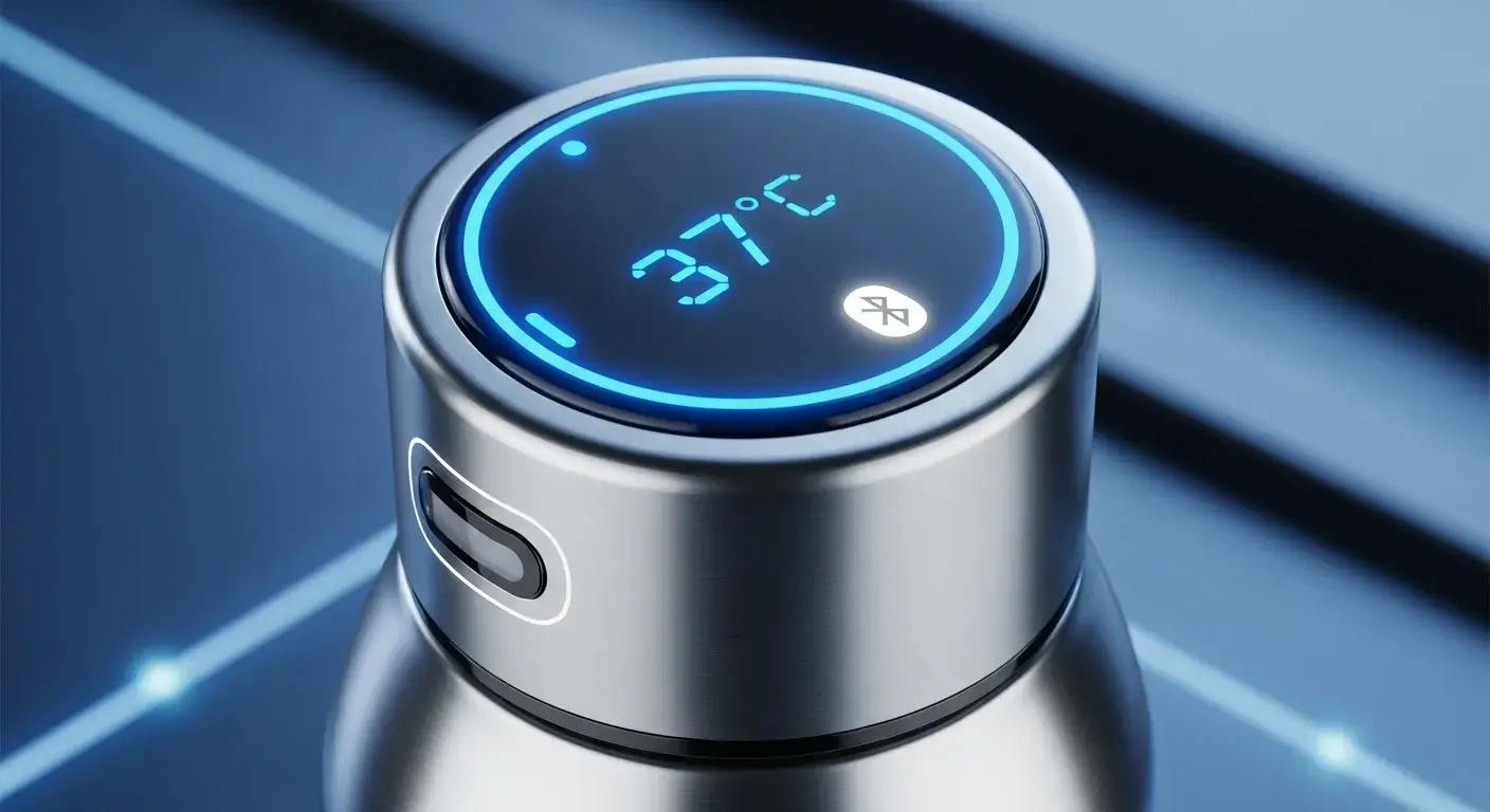 Smart insulated bottle with LED display, Bluetooth symbol, and sensor module