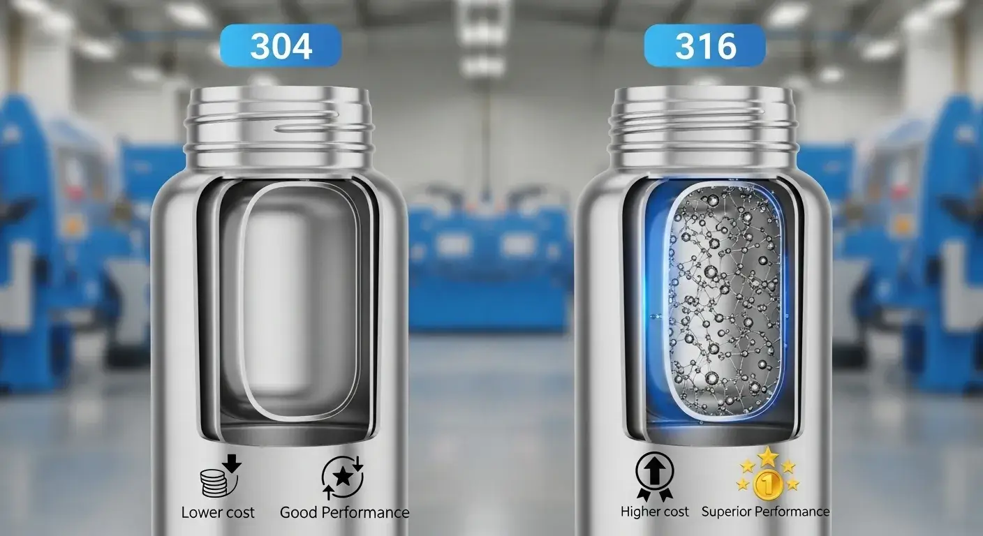 Side-by-side stainless steel bottle cutaways labeled 304 and 316