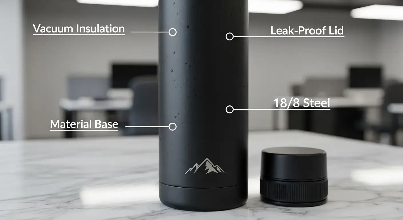 Close-up of custom branded bottle with key features