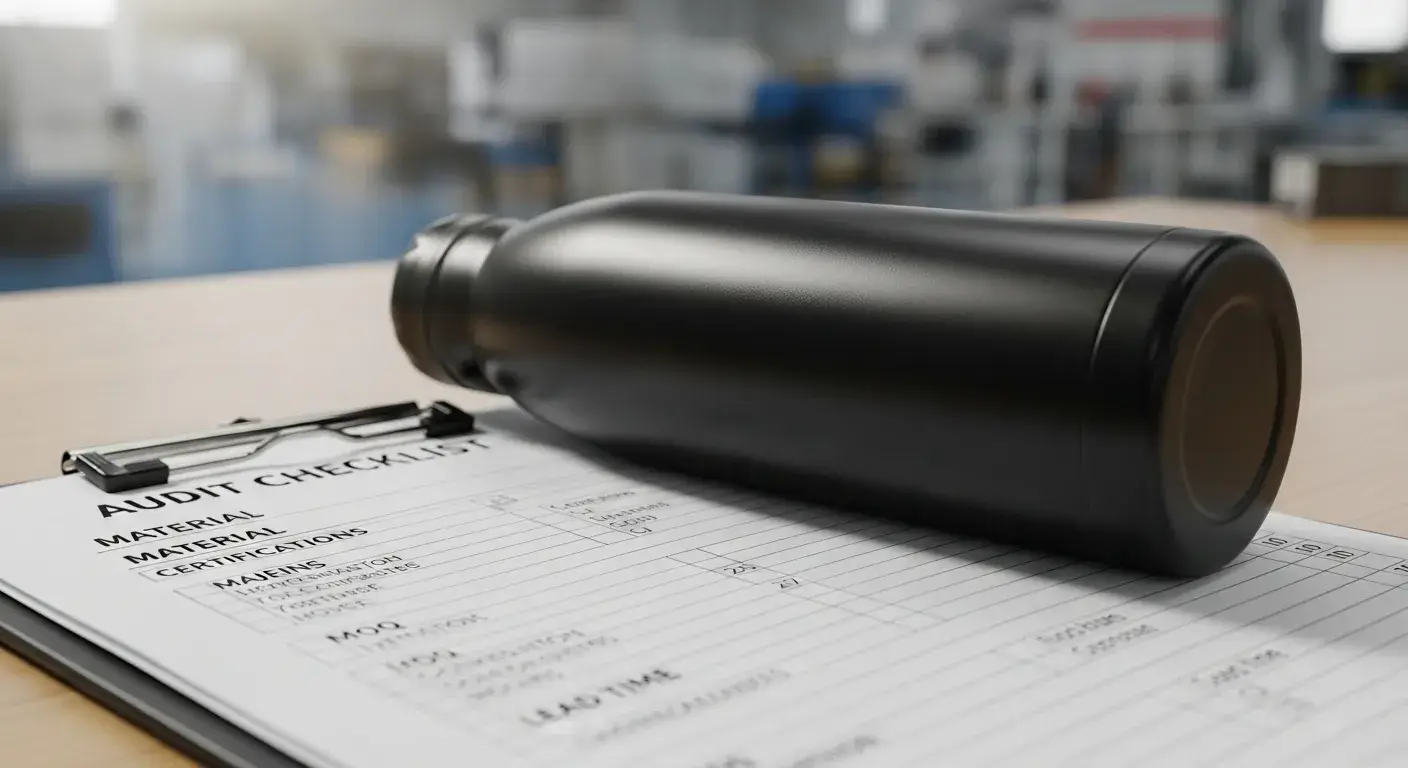 Factory audit checklist beside stainless steel bottle samples
