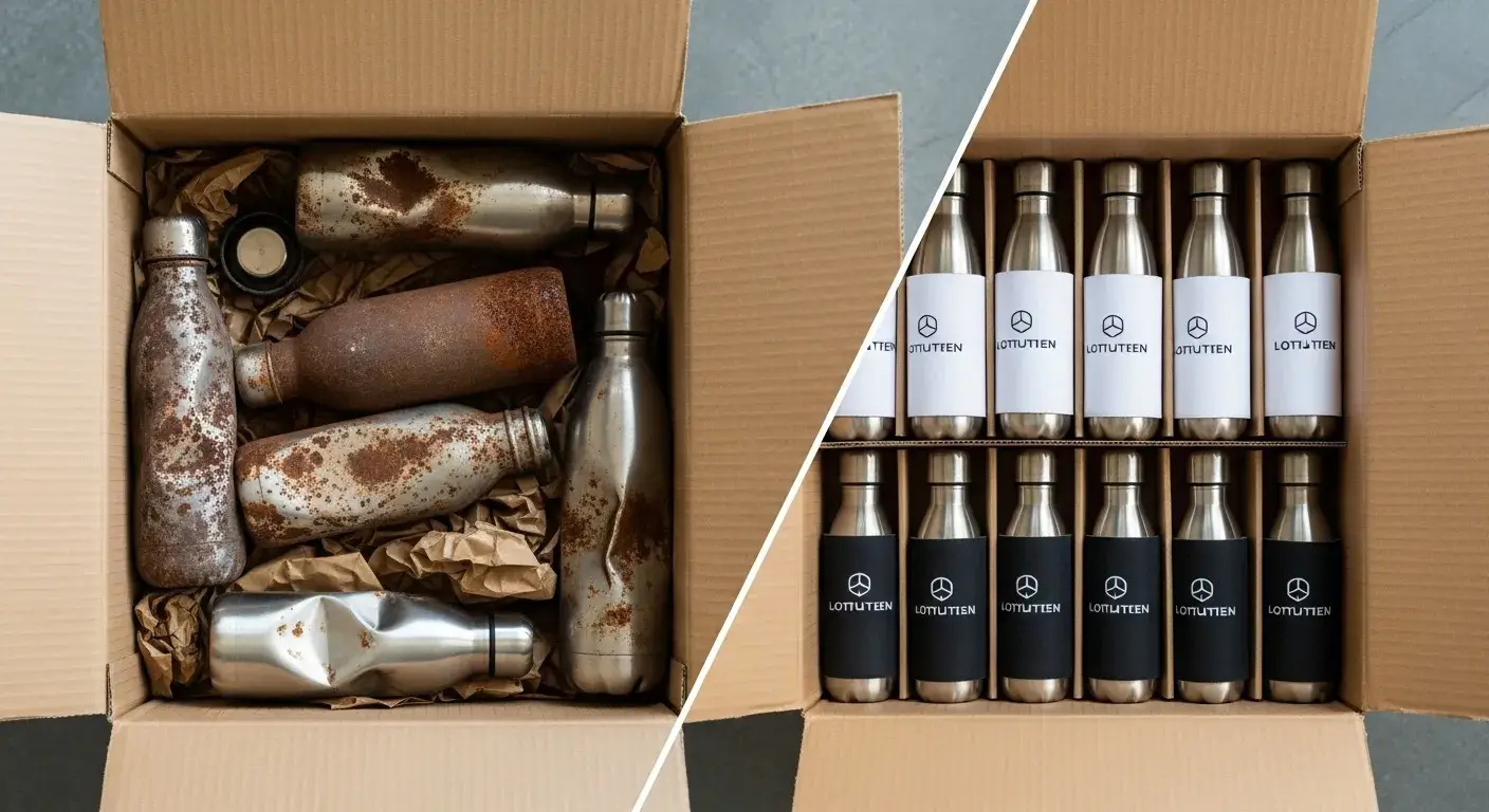 Two boxes: damaged rusty bottles vs pristine packaged bottles