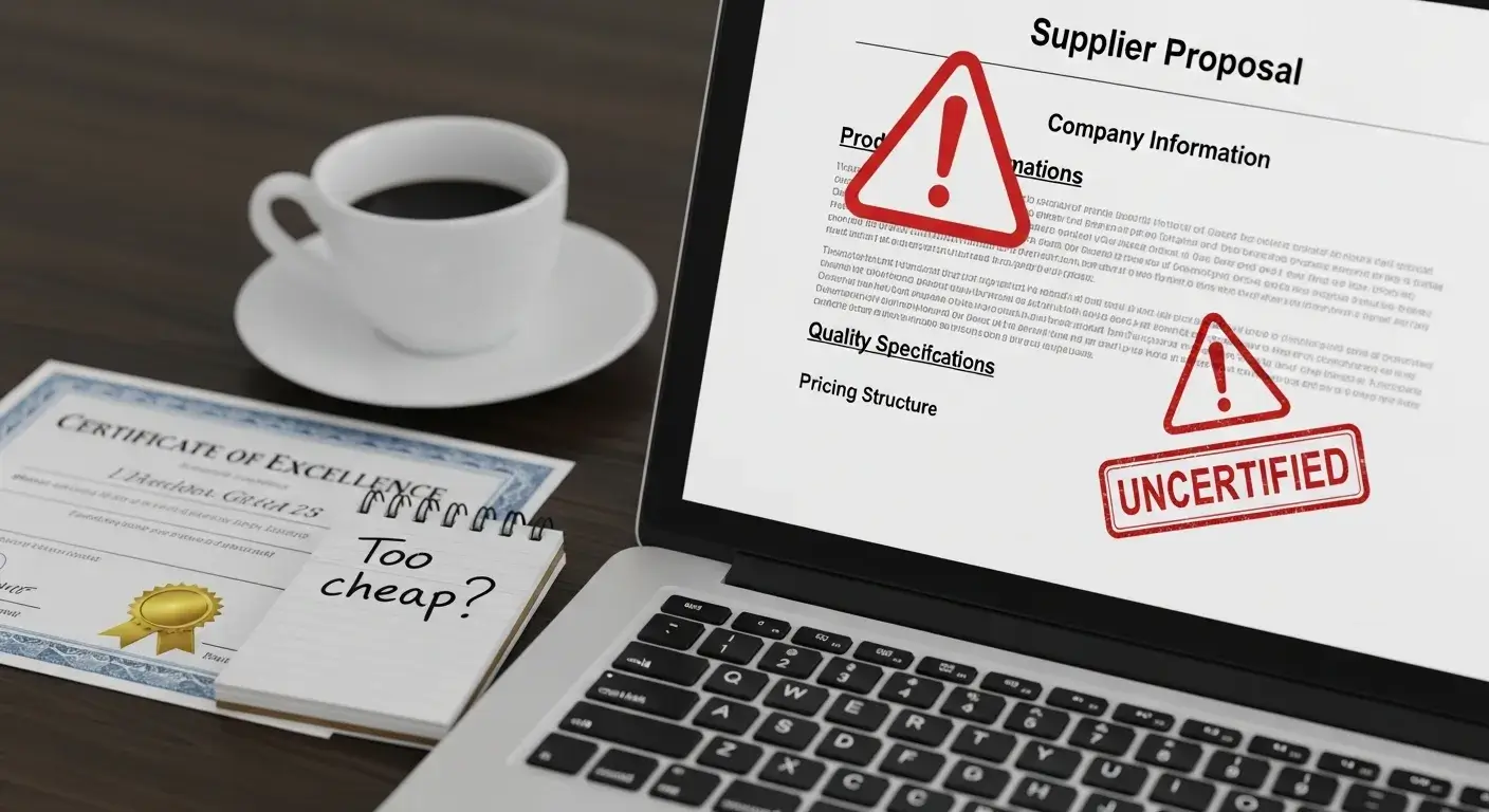 Caution signs near vague supplier contract on laptop screen
