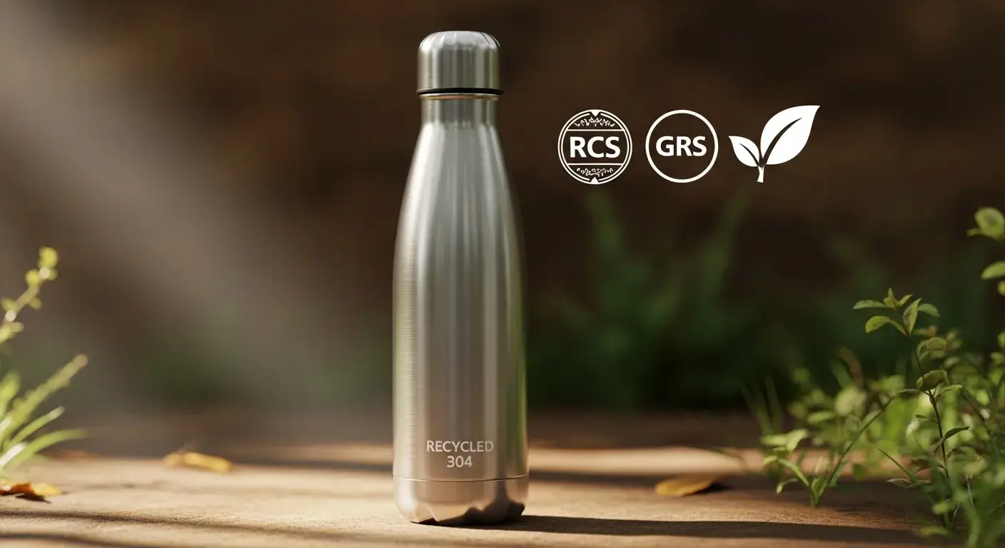 Insulated bottle made from recycled stainless steel beside eco certifications