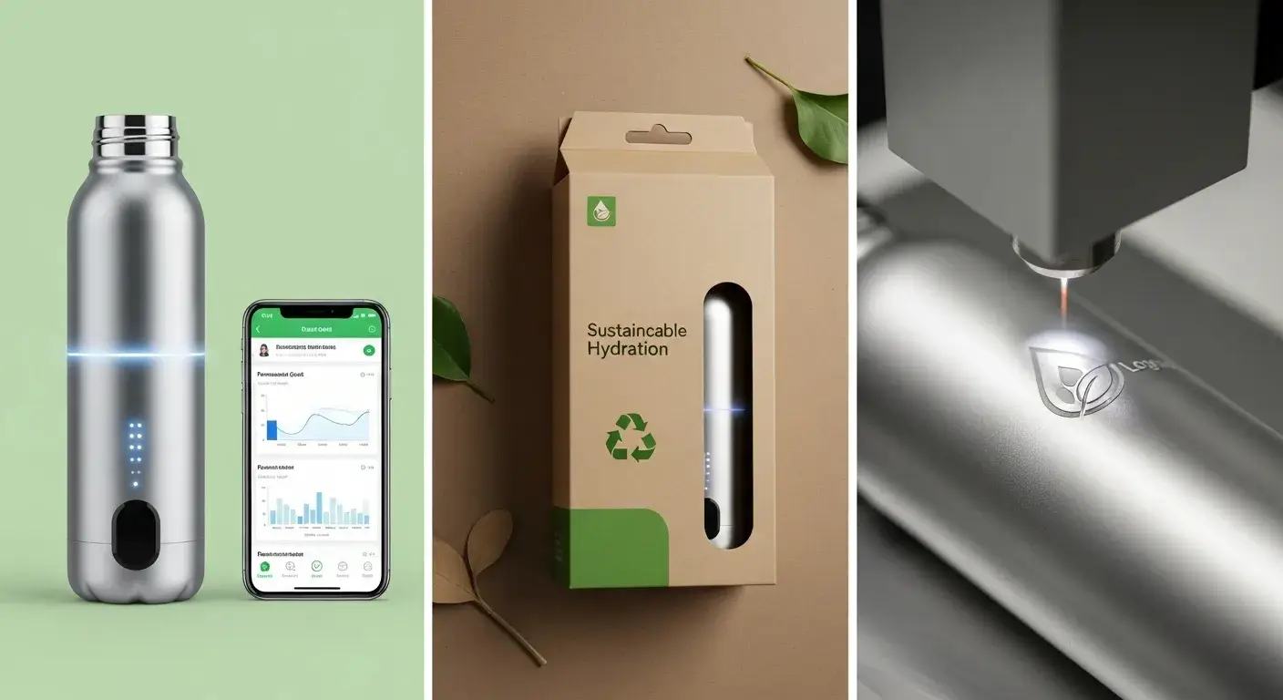 Collage showing smart bottles, sustainable packaging, and custom engraving
