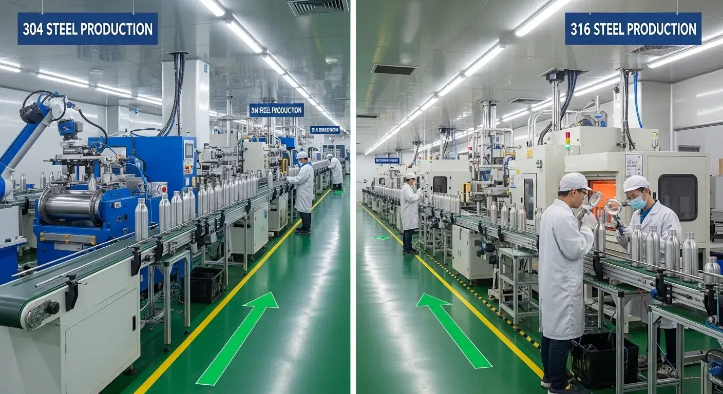 Comparison of 304 vs 316 stainless steel bottle production lines