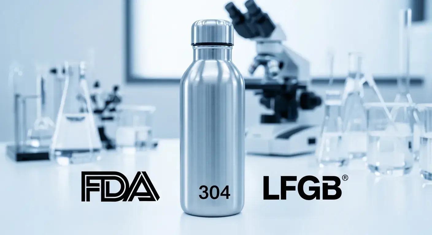 FDA and LFGB symbols beside stainless steel bottle