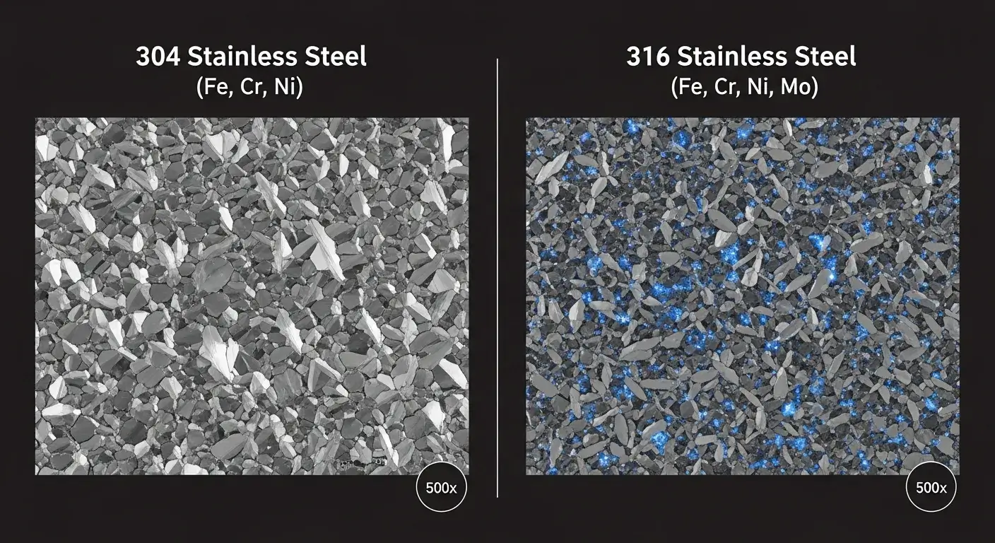 Microscopic view of crystalline structures of 304 and 316 stainless steel