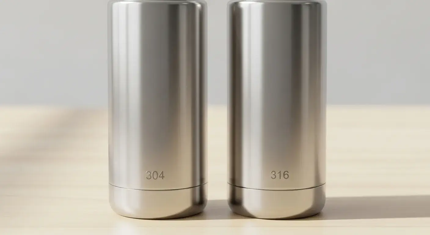 Two identical stainless steel bottles labeled 304 and 316 side by side