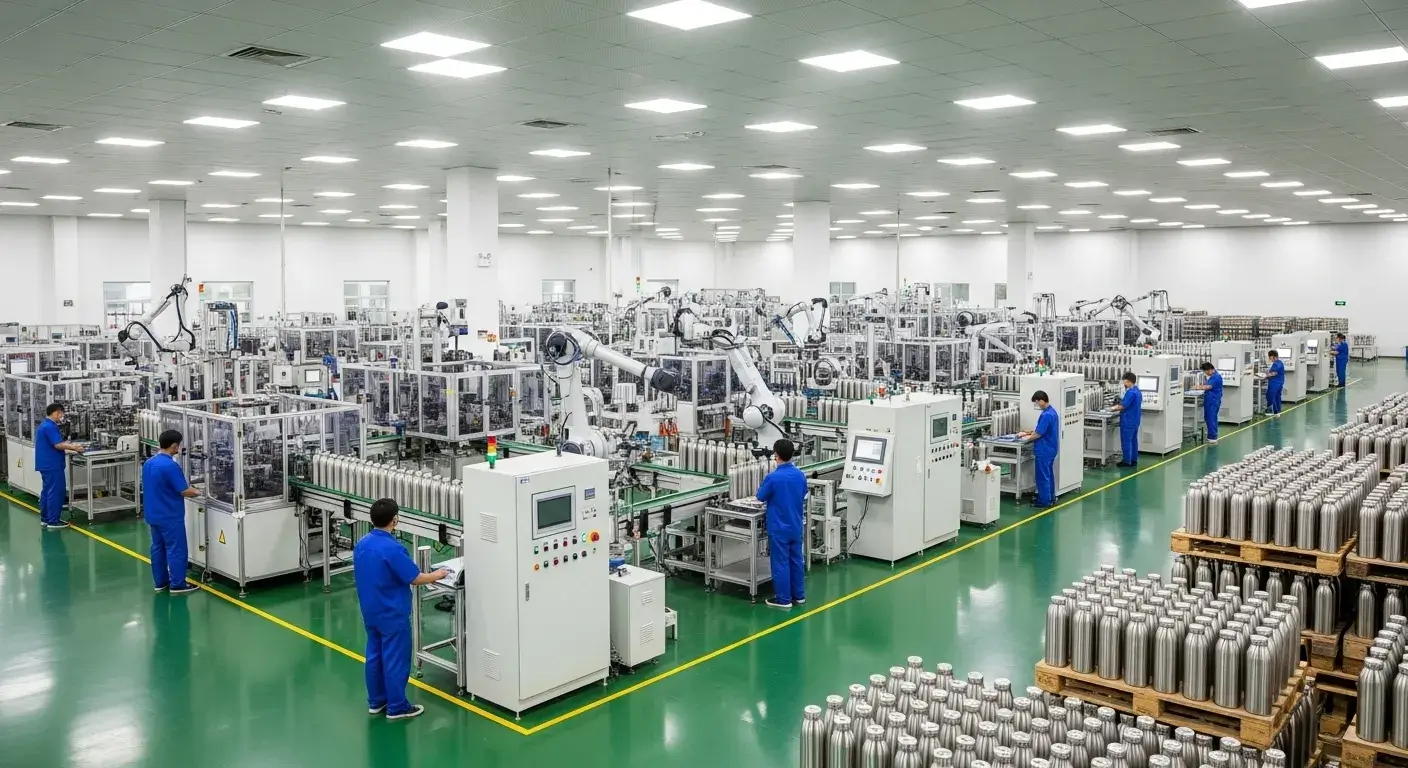 Modern stainless steel water bottle manufacturing facility with automated lines