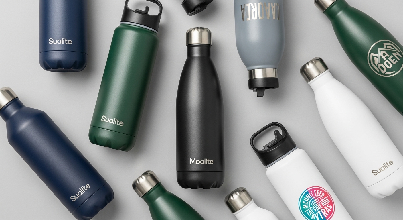 Variety of custom stainless steel water bottles with branding